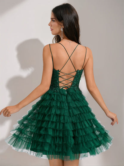 Robe de Bal Bretelles Fines Pailletée Courte pour Retour à la Maison avec Perles et Appliqués