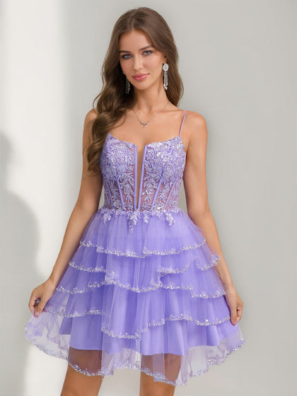 Robes de Retour à la Maison Stylées Courtes/Mini avec Bretelles Spaghetti, Sequins et Volants, Ligne A/Princesse