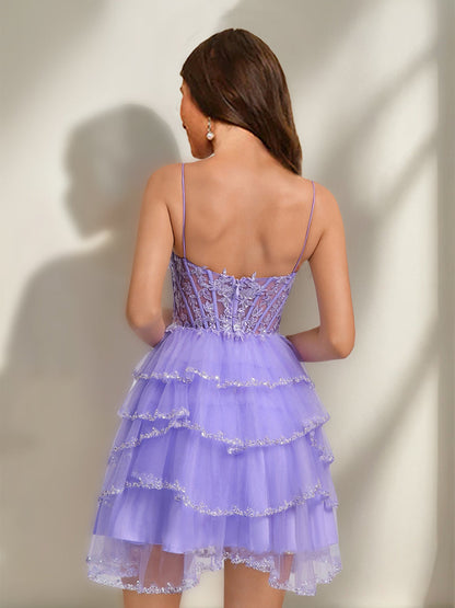Robes de Retour à la Maison Stylées Courtes/Mini avec Bretelles Spaghetti, Sequins et Volants, Ligne A/Princesse