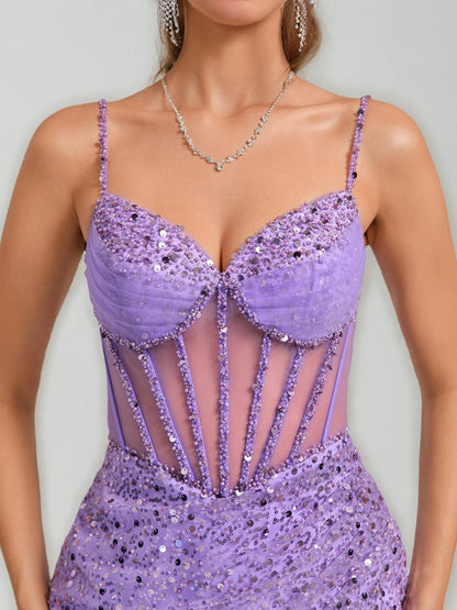 Robes de Bal Courtes Style Fourreau/Colonne avec Col en V, Bretelles et Perles, Mini Robes à Sequins