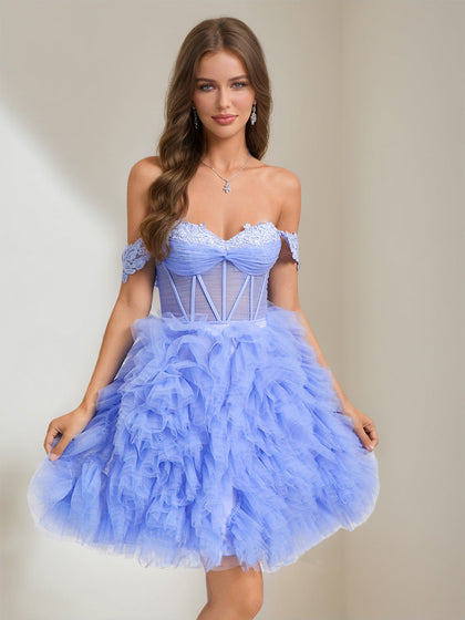 Robes de Bal Col Cœur Courtes en Tulle pour Retour à la Maison avec Appliques en Dentelle et Plis