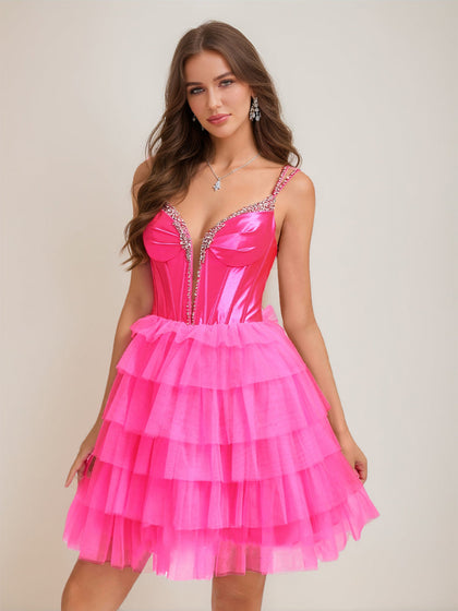 Robe de Bal Col en V sans Manches Courte pour Retour à la Maison avec Volants Étagés et Strass