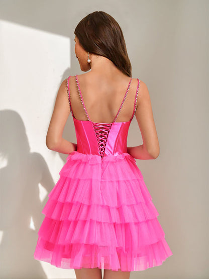 Robe de Bal Col en V sans Manches Courte pour Retour à la Maison avec Volants Étagés et Strass