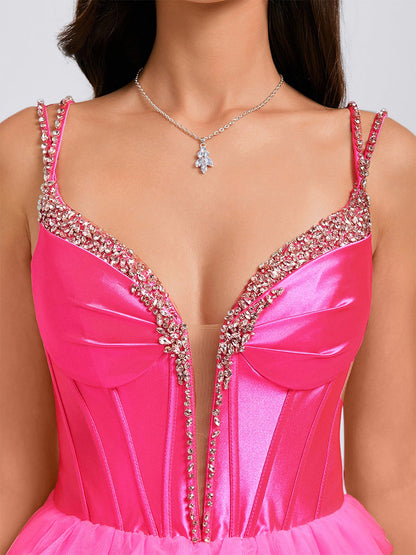 Robe de Bal Col en V sans Manches Courte pour Retour à la Maison avec Volants Étagés et Strass
