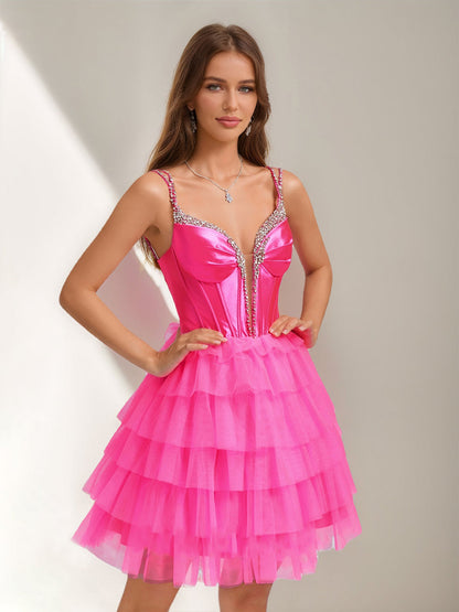 Robe de Bal Col en V sans Manches Courte pour Retour à la Maison avec Volants Étagés et Strass