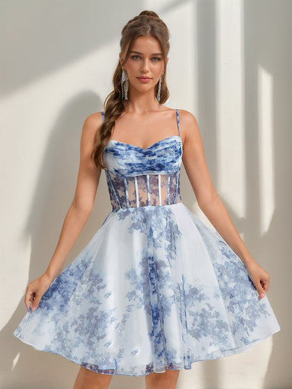 Robes de Bal de Promo Courtes/Mini à Imprimé Floral, Col Cœur, Style A-Line/Princesse