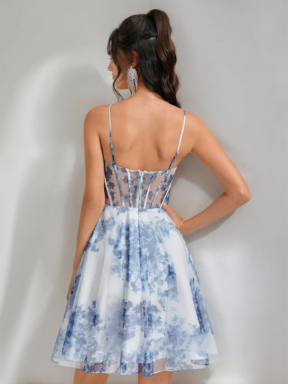 Robes de Bal de Promo Courtes/Mini à Imprimé Floral, Col Cœur, Style A-Line/Princesse
