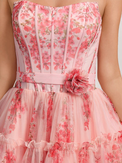 Robes de Retour à la Maison Courtes Imprimées Florales avec Volants, Col Cœur, Style Princesse/Ligne A