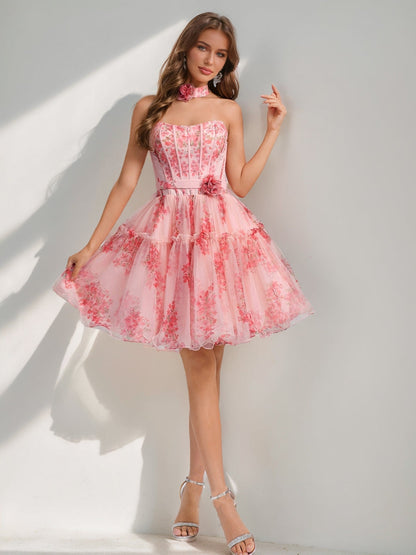 Robes de Retour à la Maison Courtes Imprimées Florales avec Volants, Col Cœur, Style Princesse/Ligne A