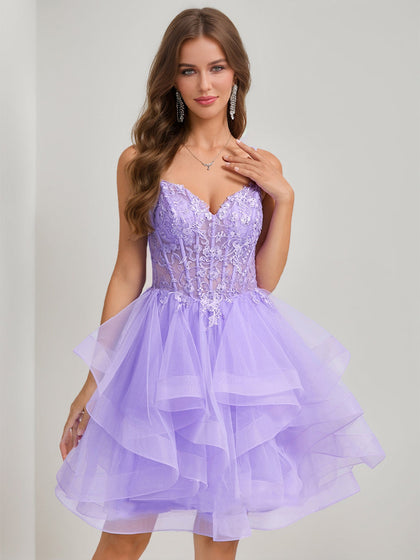 Robe de Bal Bretelles Spaghetti Noble Tulle Courte pour Retour à la Maison avec Perles