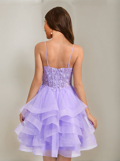 Robe de Bal Bretelles Spaghetti Noble Tulle Courte pour Retour à la Maison avec Perles