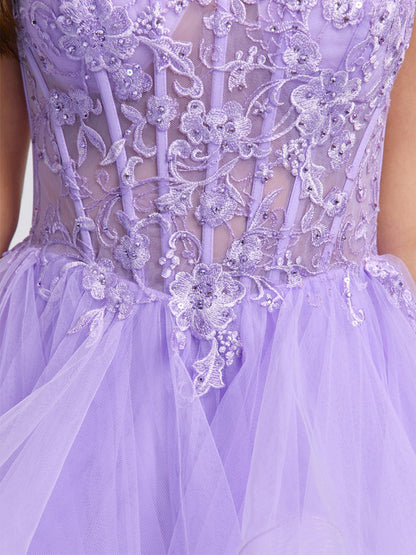 Robe de Bal Bretelles Spaghetti Noble Tulle Courte pour Retour à la Maison avec Perles