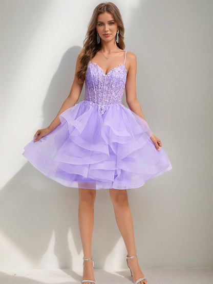 Robe de Bal Bretelles Spaghetti Noble Tulle Courte pour Retour à la Maison avec Perles