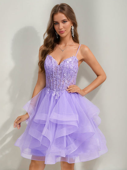 Robe de Bal Bretelles Spaghetti Noble Tulle Courte pour Retour à la Maison avec Perles