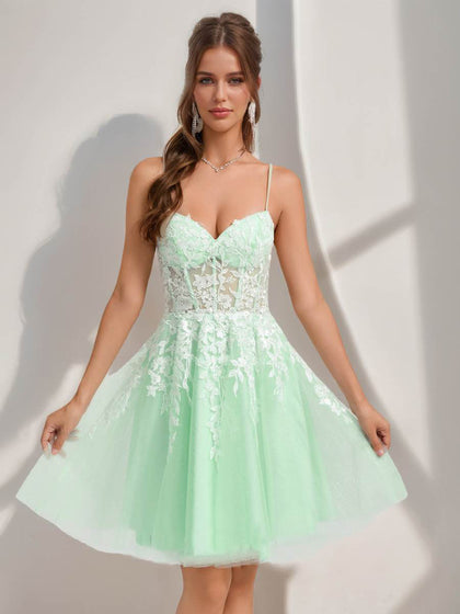 Robes de Retour à la Maison Courtes avec Bretelles Spaghetti et Appliques en Dentelle, Style A-Line/Princesse