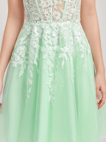 Robes de Retour à la Maison Courtes avec Bretelles Spaghetti et Appliques en Dentelle, Style A-Line/Princesse