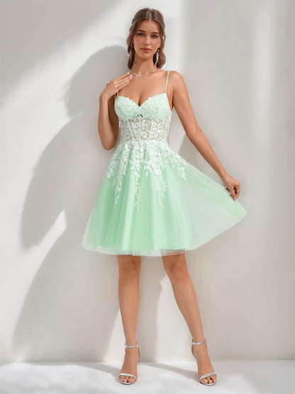 Robes de Retour à la Maison Courtes avec Bretelles Spaghetti et Appliques en Dentelle, Style A-Line/Princesse