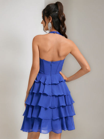 Robes de Retour à la Maison Courtes avec Volants, Style A-Ligne/Princesse, Col Halter, sans Manches, à Niveaux
