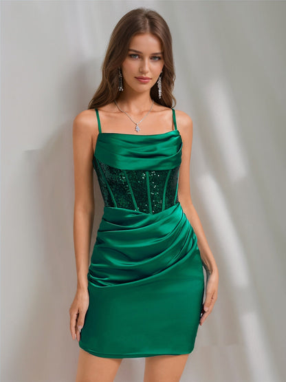 Robes de Retour à la Maison Courtes avec Sequins, Style Fourreau/Colonne, Bretelles en Col Cowl, sans Manches, Froncées
