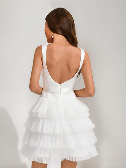 Robes de Bal Courtes à Ligne A/Princesse, Col Carré, sans Manches, à Étages, avec Nœud
