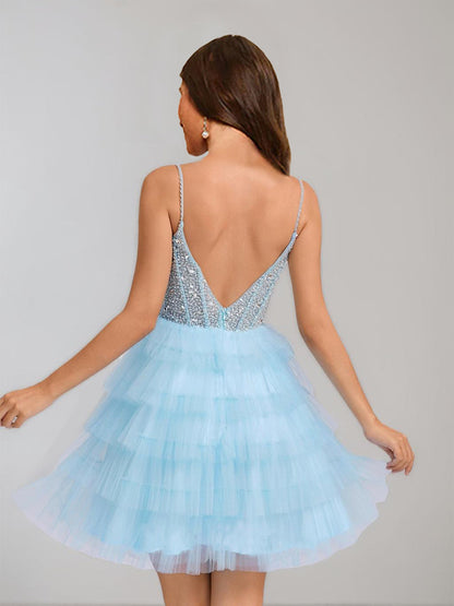 Robes de Bal Col en V en Tulle Courtes pour Retour à la Maison avec Strass et Volants Superposés