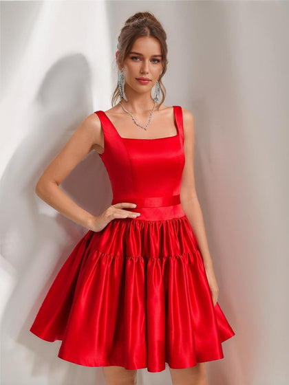 Robes de Bal à Col Carré en Satin Courtes pour Retour à la Maison avec Plis