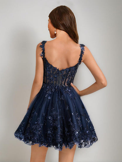 Robes de Bal Col V Paillettes Dentelle Tulle Courtes pour Retour à la Maison