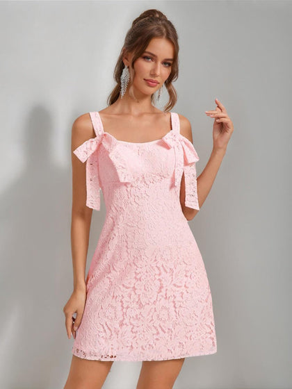 Robes de Retour à la Maison Courtes en Dentelle sans Manches à Col Carré avec Nœud, Style Fourreau/Colonne, Mini