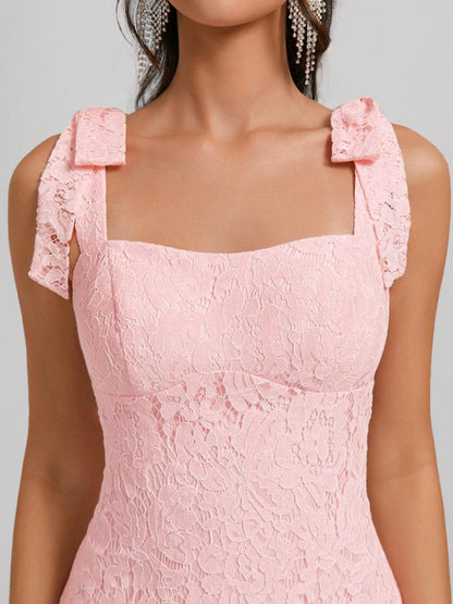 Robes de Retour à la Maison Courtes en Dentelle sans Manches à Col Carré avec Nœud, Style Fourreau/Colonne, Mini
