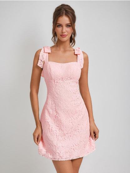 Robes de Retour à la Maison Courtes en Dentelle sans Manches à Col Carré avec Nœud, Style Fourreau/Colonne, Mini