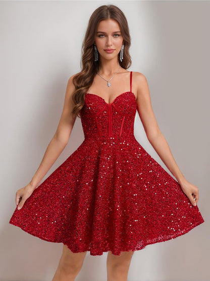 Robes de Bal Courtes à Corset en Sequins avec Bretelles et Décolleté en Cœur Style A-Line/Princesse