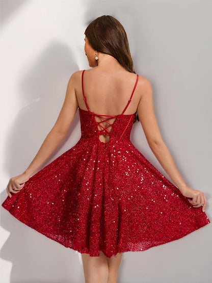 Robes de Bal Courtes à Corset en Sequins avec Bretelles et Décolleté en Cœur Style A-Line/Princesse
