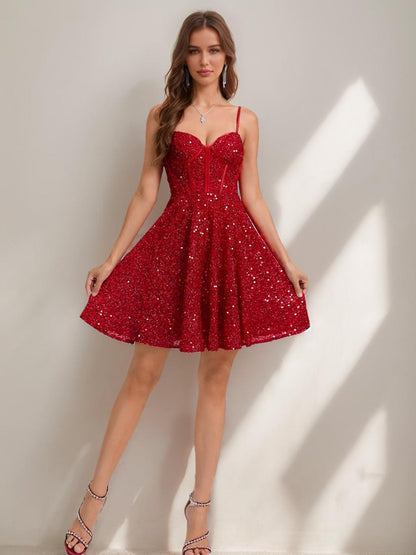 Robes de Bal Courtes à Corset en Sequins avec Bretelles et Décolleté en Cœur Style A-Line/Princesse