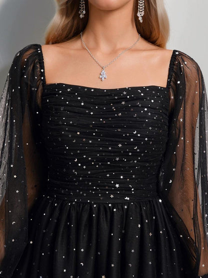 Robes de Retour à la Maison Courtes en Tulle avec Sequins, Col Carré, Manches Longues, Style A-Line/Princesse