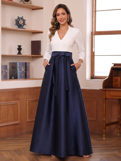 Robe Mère de la Mariée Coupe A-Ligne/Princesse Col en V à Manches Longues Longueur Sol avec Poches et Nœud