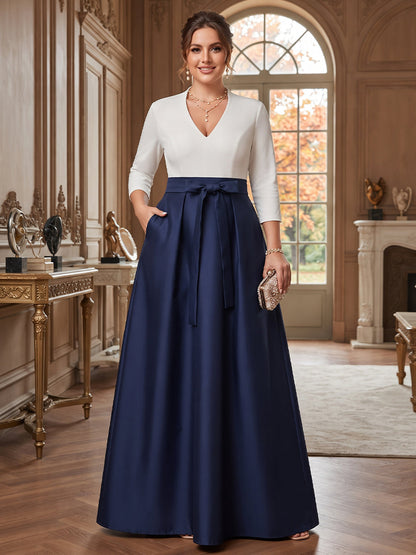 Robe grande taille pour mère de la mariée coupe trapèze/princesse, col en V, manches longues, longueur au sol, avec poches et nœud