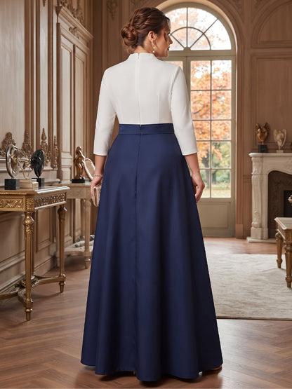 Robe grande taille pour mère de la mariée coupe trapèze/princesse, col en V, manches longues, longueur au sol, avec poches et nœud