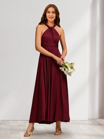Robe de demoiselle d'honneur longue en satin, coupe trapèze/princesse, jupe infinie convertible