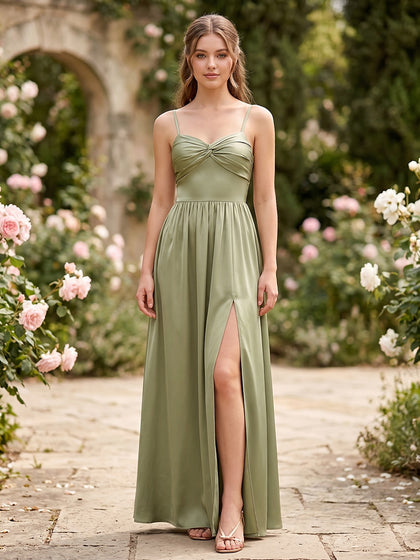 Robe de demoiselle d'honneur sans manches, coupe trapèze/princesse, bretelles spaghetti, longueur au sol, fente latérale