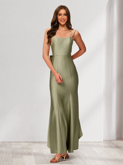 Robe de demoiselle d'honneur sans manches, coupe trompette/sirène, longueur au sol, nœud et volants