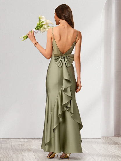 Robe de demoiselle d'honneur sans manches, coupe trompette/sirène, longueur au sol, nœud et volants