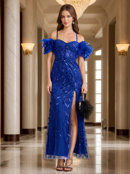 Gaine/Colonne Hors de L'épaule Bretelles Spaghetti Robes Longues de Soirée avec Plume & Appliqué