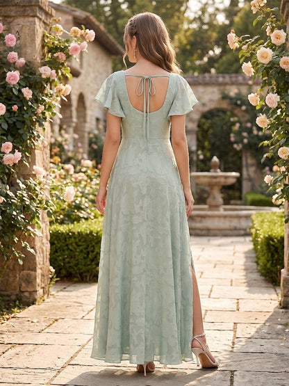 Robe de demoiselle d'honneur à fleurs, coupe trapèze/princesse, col carré, manches courtes à volants et fente Côté