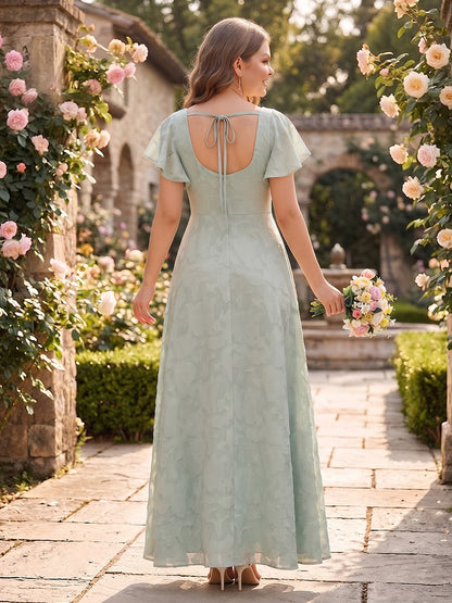 Robe de demoiselle d'honneur grande taille longue en mousseline, coupe trapèze/princesse, encolure carrée, manches courtes, avec fente latérale et motifs floraux