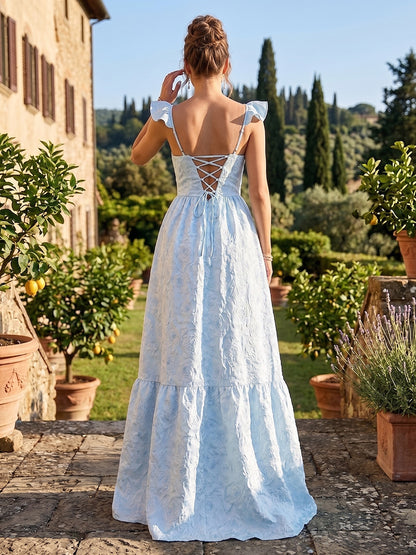 Robes de demoiselle d'honneur mi-longues, coupe trapèze/princesse, décolleté cœur, sans manches, fente latérale et bretelles à volants
