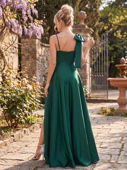 Robes de demoiselle d'honneur longues en satin, coupe trapèze/princesse, sans manches, col V, fente latérale et nœud papillon