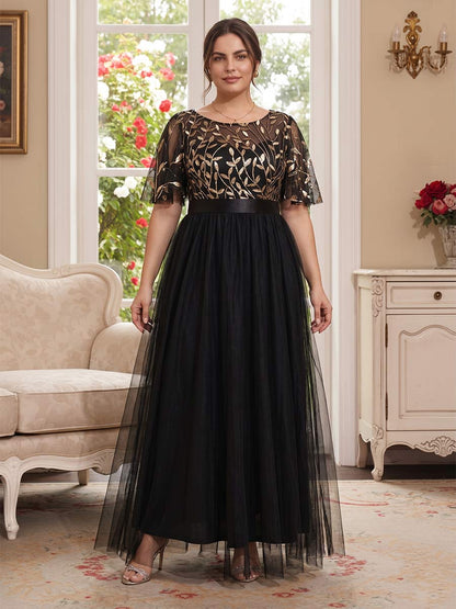 Robe Longue Mère de la Mariée Grande Taille Ligne A/Princesse Col Rond Manches Courtes avec Paillettes en Feuille