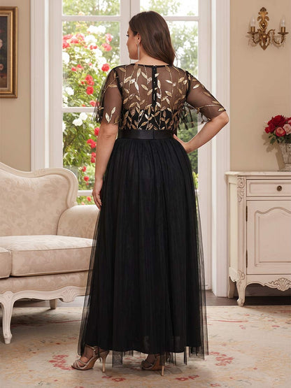 Robe Longue Mère de la Mariée Grande Taille Ligne A/Princesse Col Rond Manches Courtes avec Paillettes en Feuille