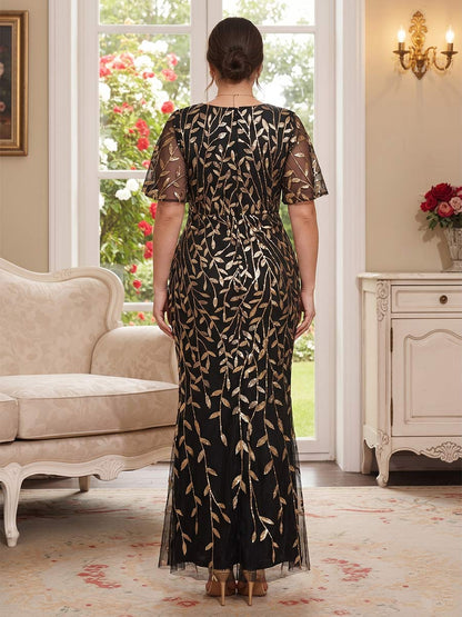 Robe Longue Mère de la Mariée Grande Taille Trompette/Sirène Col en V Manches Courtes avec Paillettes en Feuille