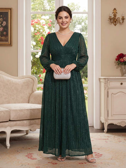 Robe Mère de la Mariée Grande Taille Ligne A/Princesse Col en V Manches Longues Ruchée